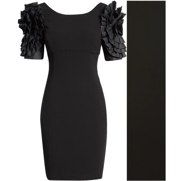 Shani Dramatic Rosette Sleeve Crepe Sheath Cocktail Dress Black - Picture 7 of 12